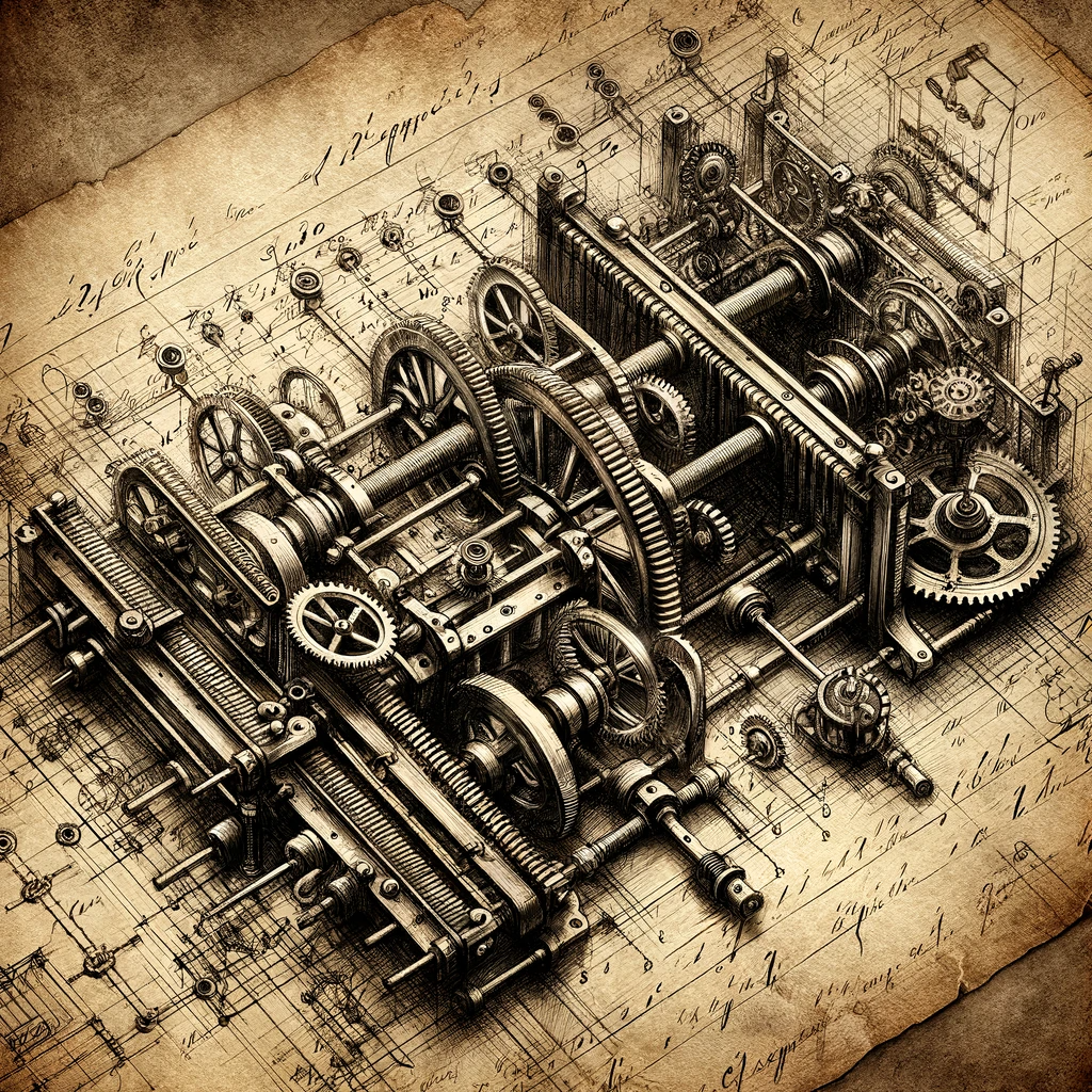 Babbage'nin bir analitik motorun çizimini gösteren yaoay zeka tarafından hazırlanmış bir illüstratör